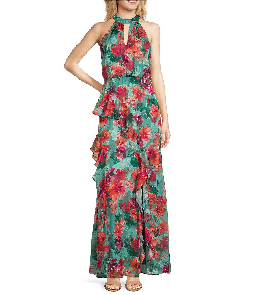 Adrianna Papell Floral Halter Keyhole Neck Sleeveless Blouson Gown