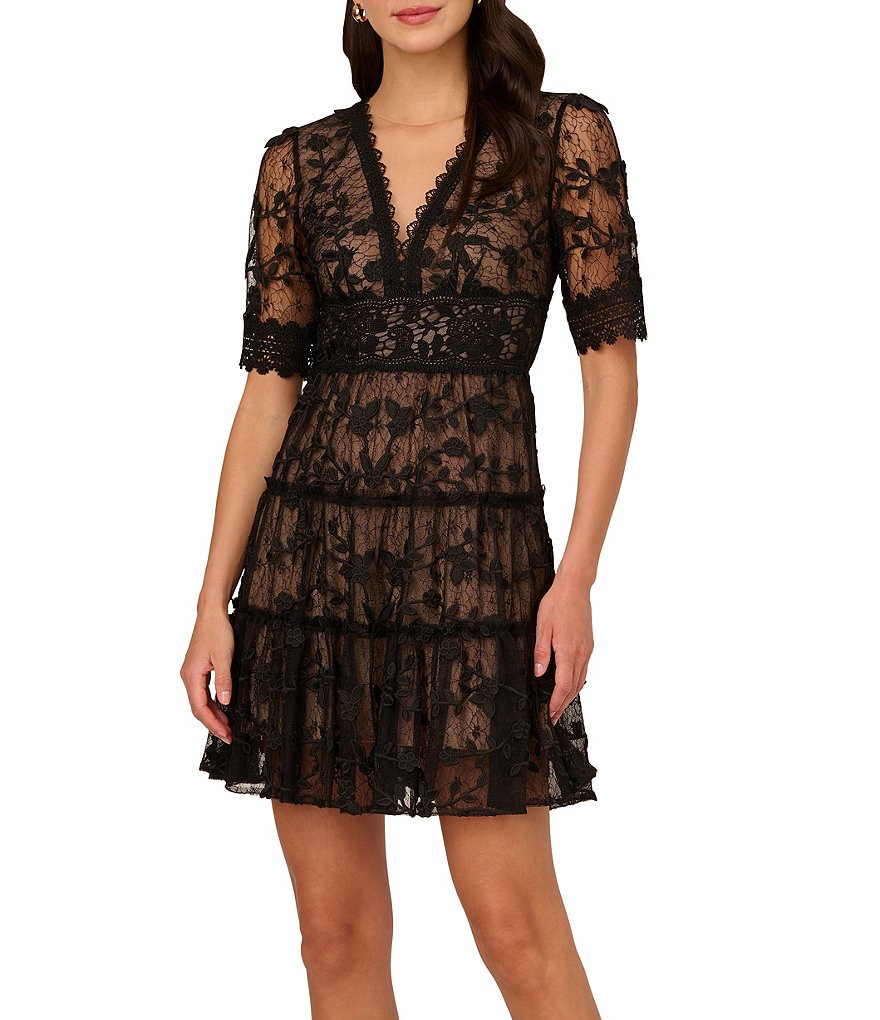 Adrianna Papell Floral Lace Embroidery V Neck Short Sleeve Tiered Mini A Line Dress