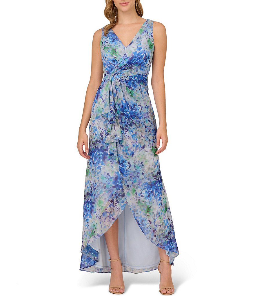 Adrianna Papell Floral Metallic Surplice V Neck Sleeveless Faux