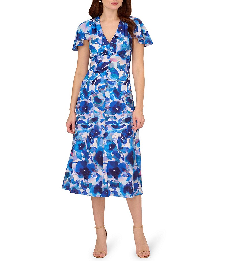 Adrianna Papell Floral Printed V Neckline Short Flutter Sleeve