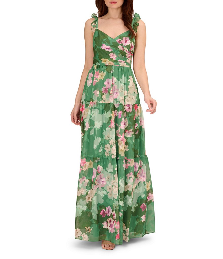 Adrianna Papell Floral Print Surplice V Neck Sleeve Tiered Maxi