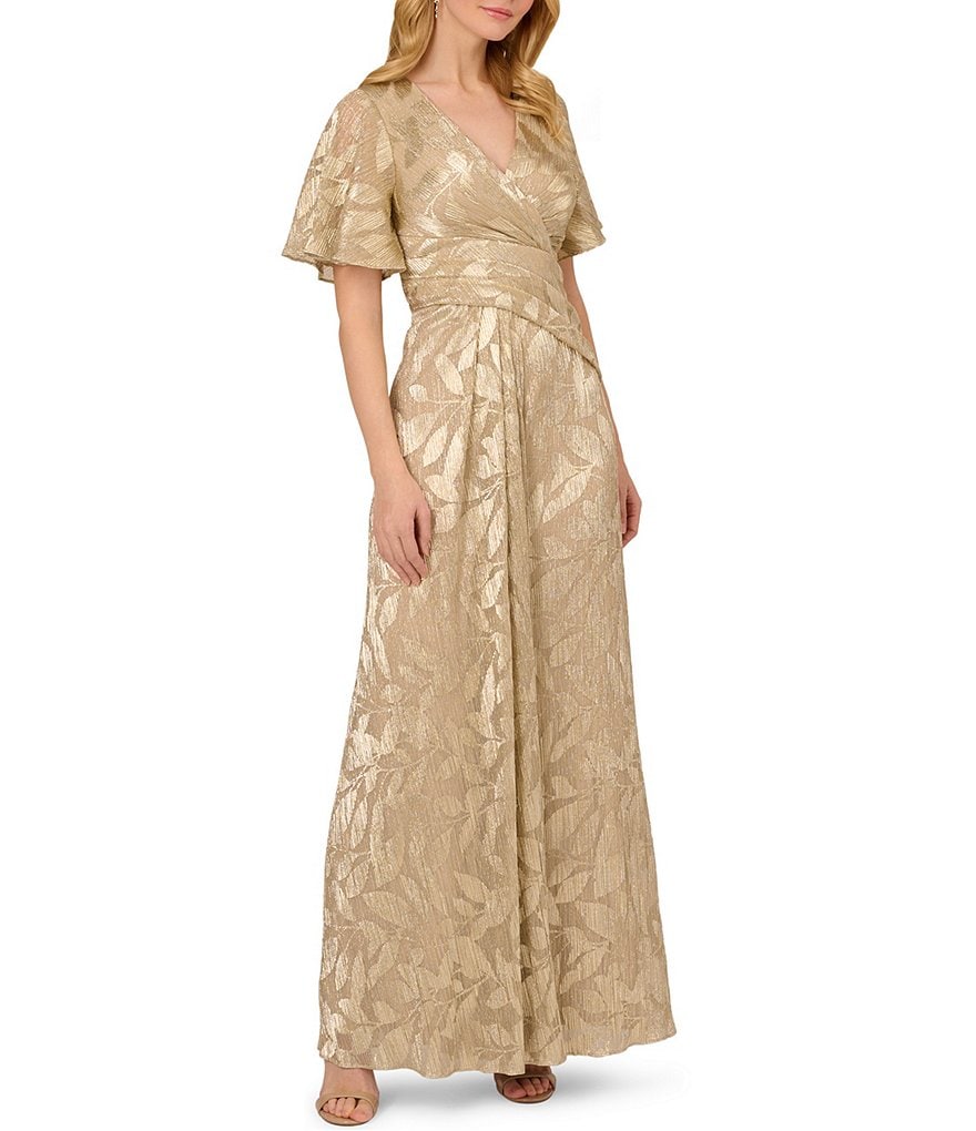 Adrianna Papell Women's Foil Leaf Flutter-Sleeve Draped Gown - Light Blue Gold - Size 14 Adrianna Papell Women's Foil Leaf Flutter-Sleeve Draped Gown - Light Blue Gold - Size 14