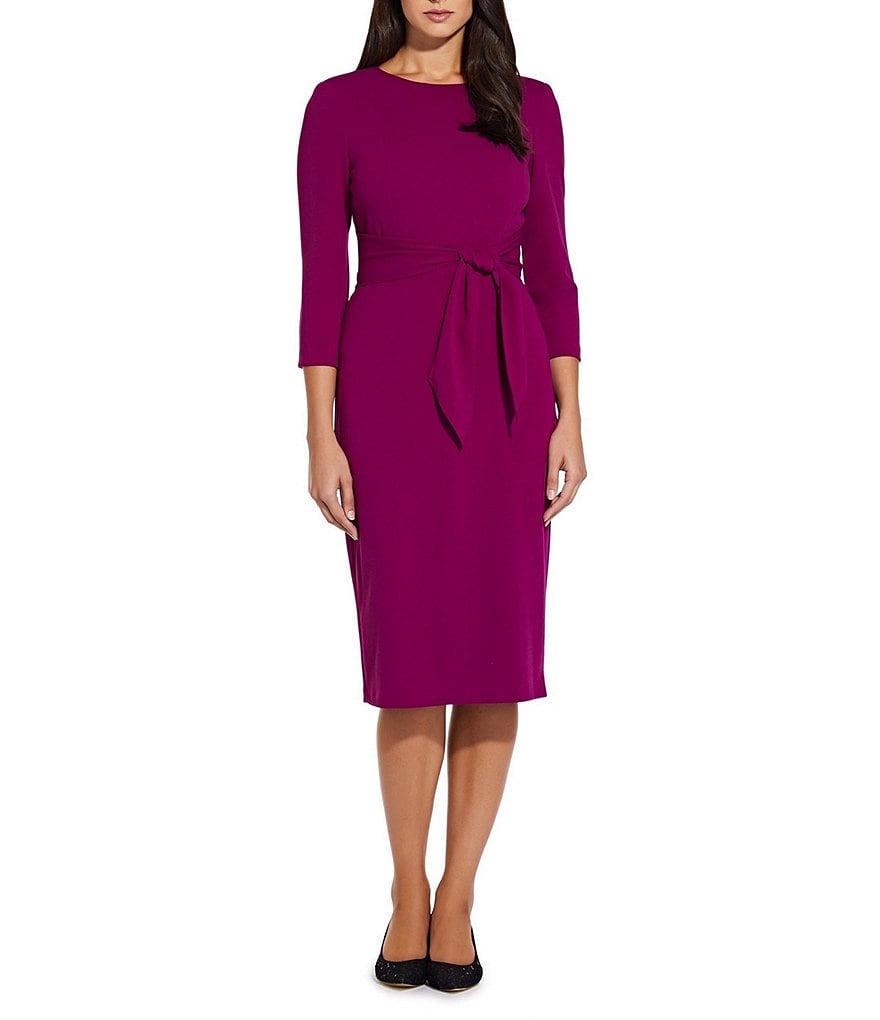 Adrianna Papell Stretch Crepe Crew Neck Tie Waist 3/4 Sleeve Midi Sheath  Dress