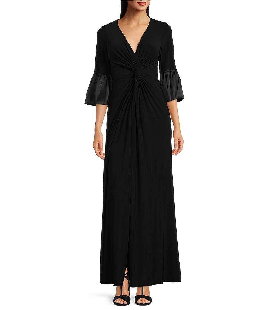 Adrianna Papell Matte Jersey Front Twist V-Neck 3/4 Bell Sleeve Gown ...
