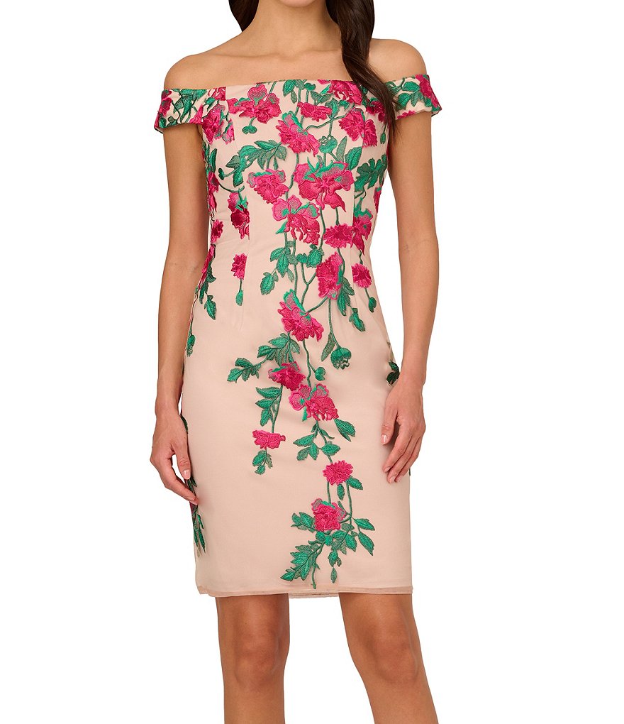 Adrianna Papell Mesh Cascading Floral Embroidery Off The Shoulder Sheath Dress