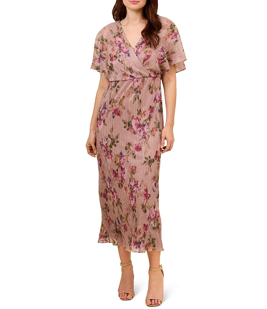 Adrianna Papell Metallic Floral Print Short Sleeve Dress | Dillard's