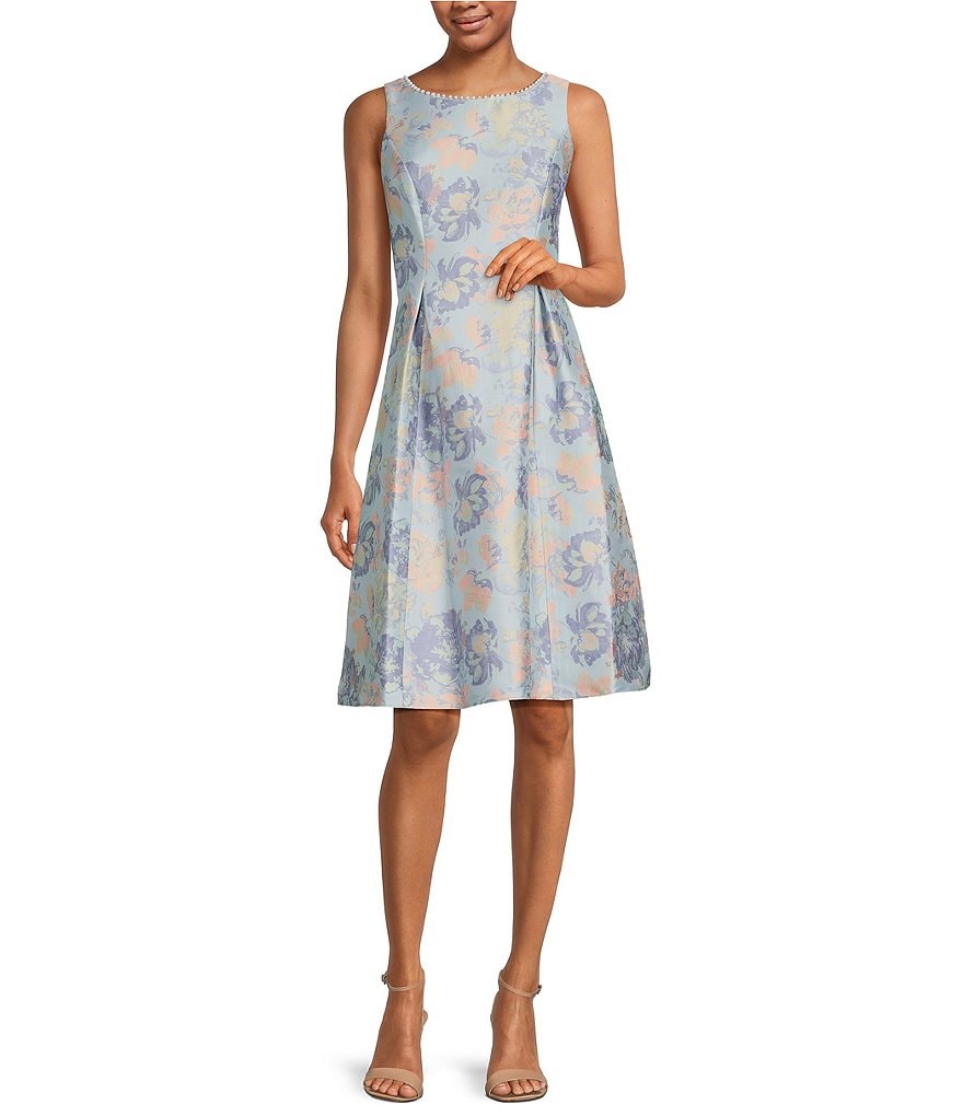 Adrianna Papell Pearl Trimmed Floral Jacquard Fit and Flare Midi Dress ...