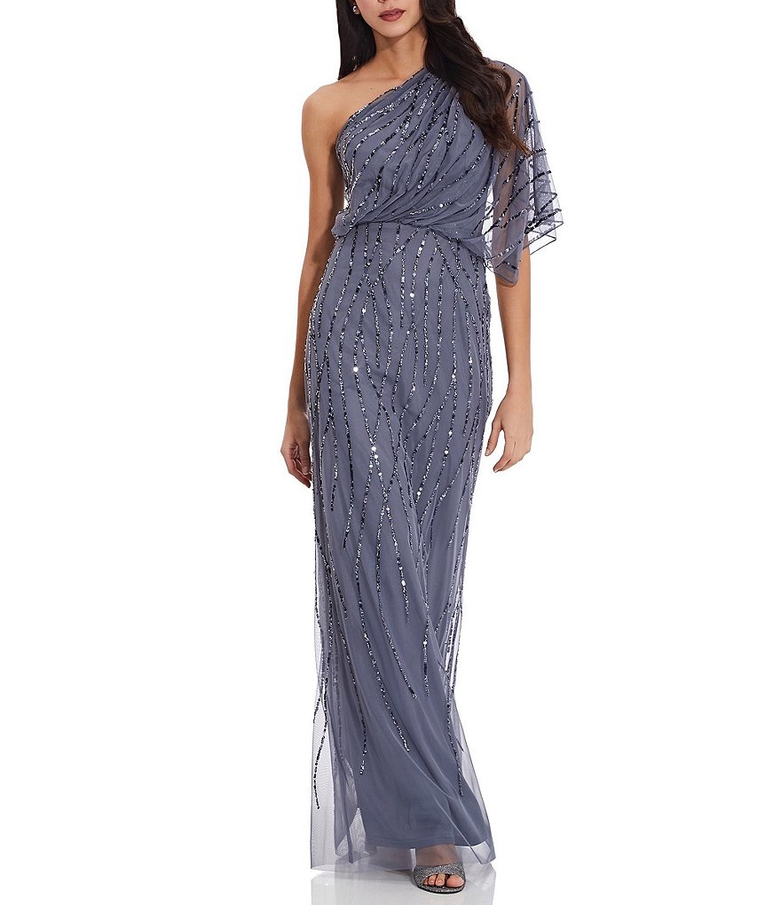 Adrianna Papell Petite Size Sequin One Shoulder Illusion Sleeve Gown ...