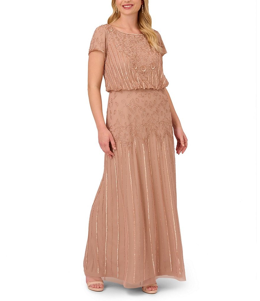 Adrianna Papell Plus Size Beaded Bodice Short Sleeve Blouson Gown