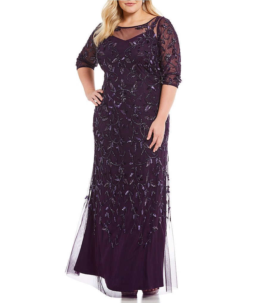 Adrianna Papell Plus Beaded Floral-Scroll Gown | Dillards