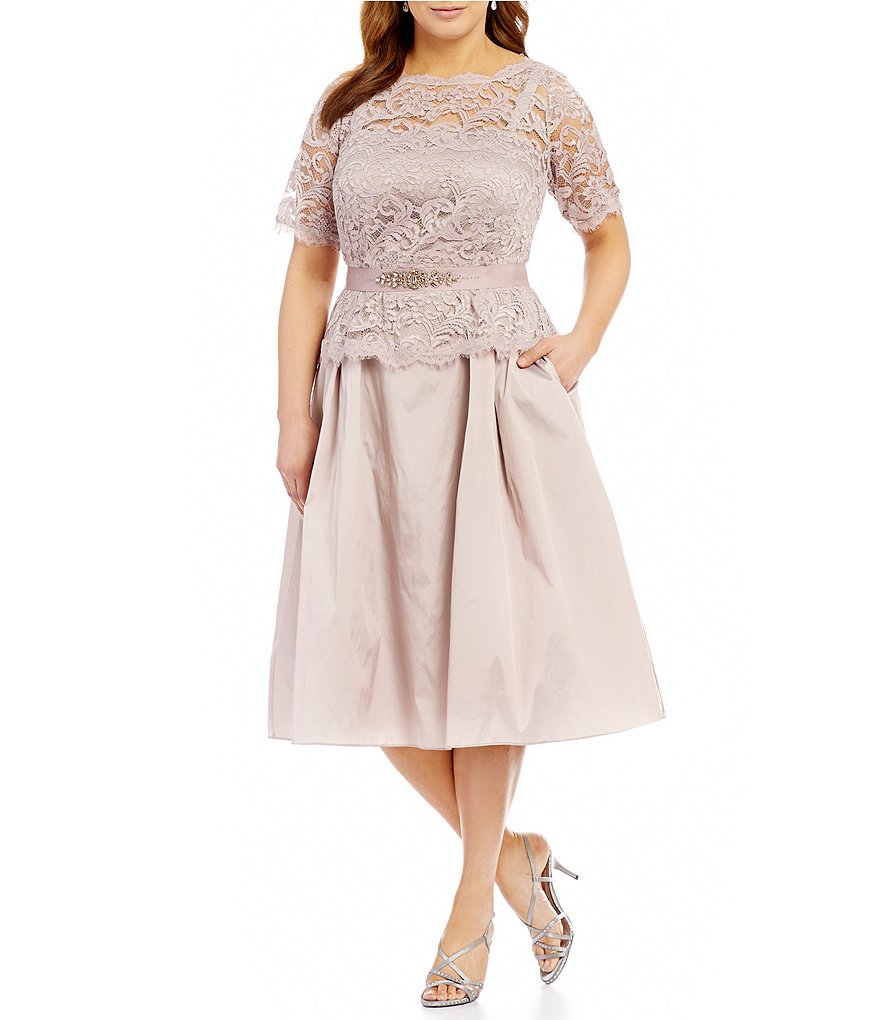 Adrianna Papell Plus Lace Taffeta Tea-Length Dress | Dillards