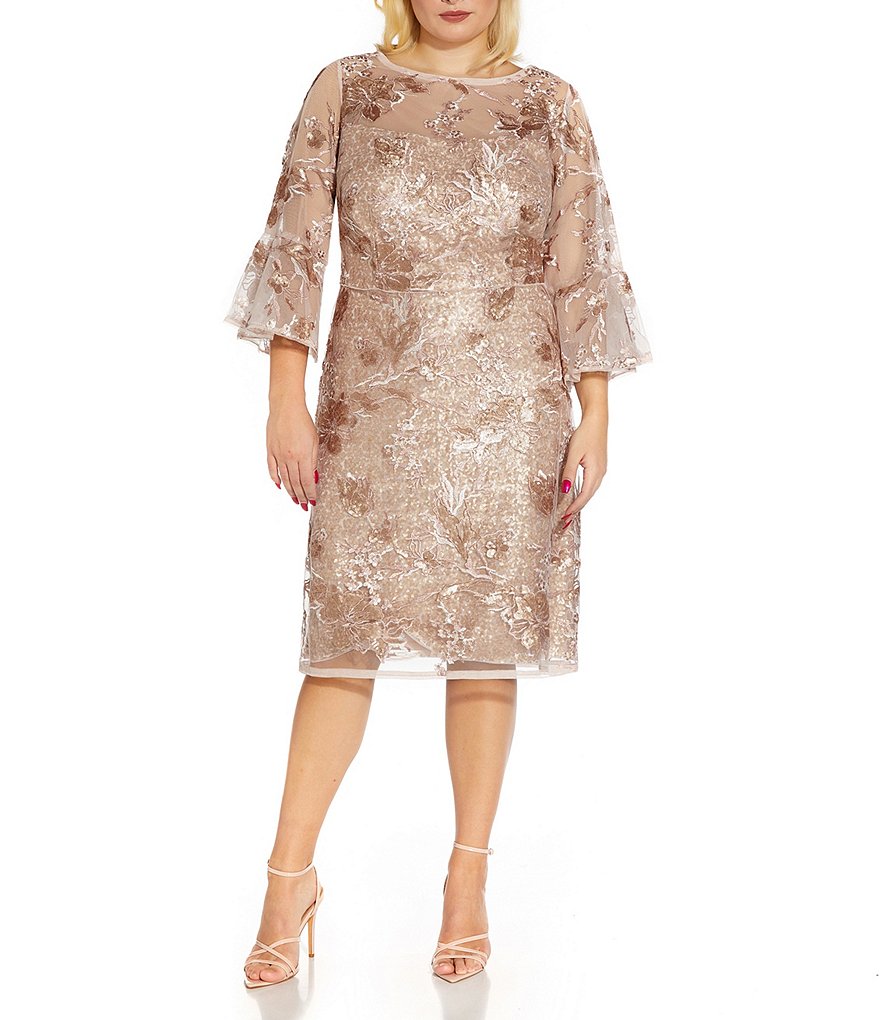 Adrianna Papell Plus Size Floral Sequin Embroidered Illusion Round Neck 34 Bell Sleeve Sheath 