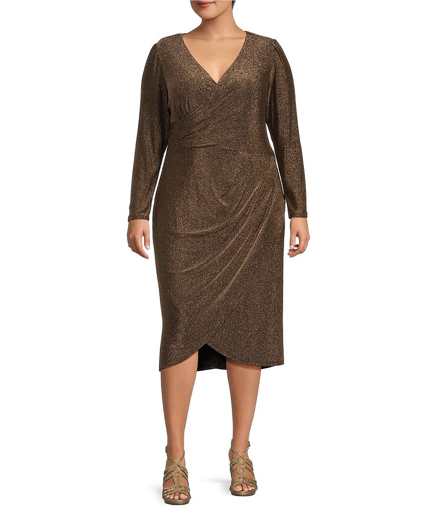 Adrianna Papell Plus Size Long Sleeve V Neck Metallic Knit Drape