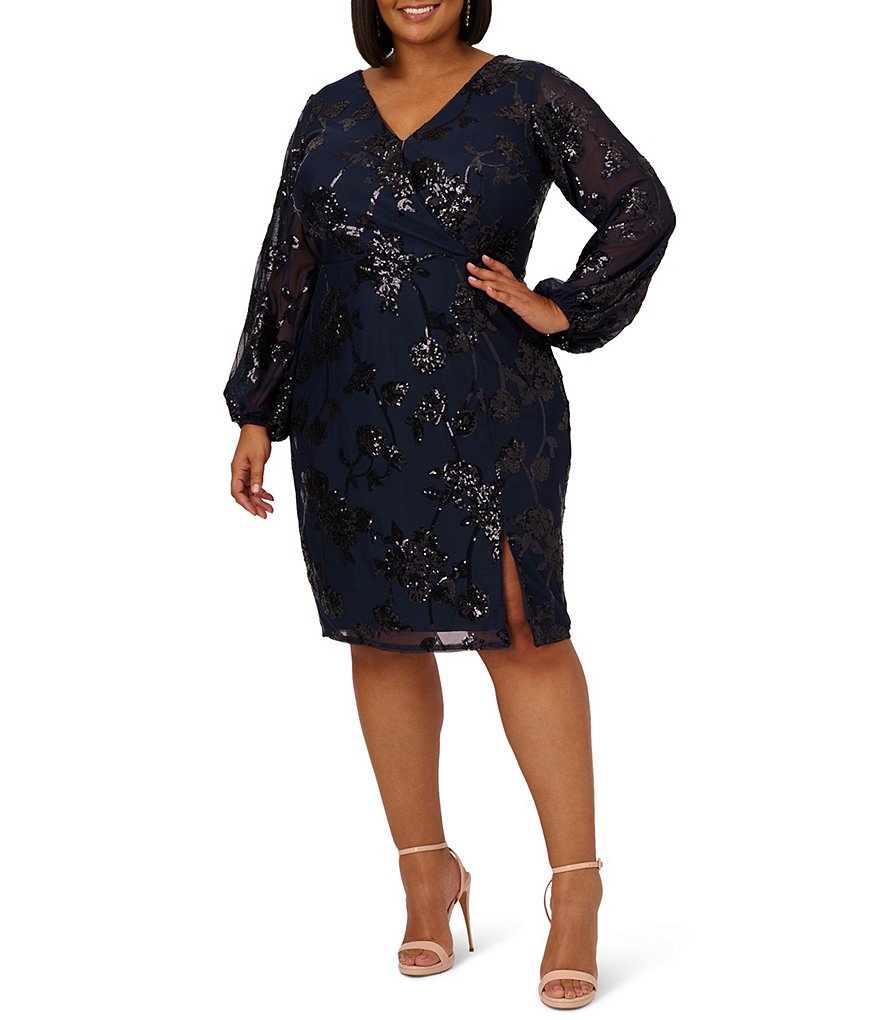 Adrianna Papell Plus Size Long Sleeve V Neck Sequin Embellished