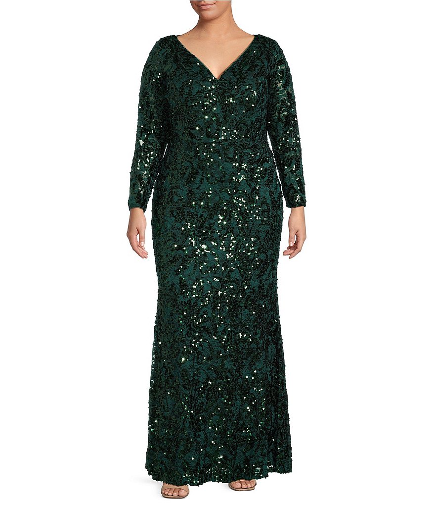 Adrianna Papell Plus Size Long Sleeve V Neck Sequin Lace Gown