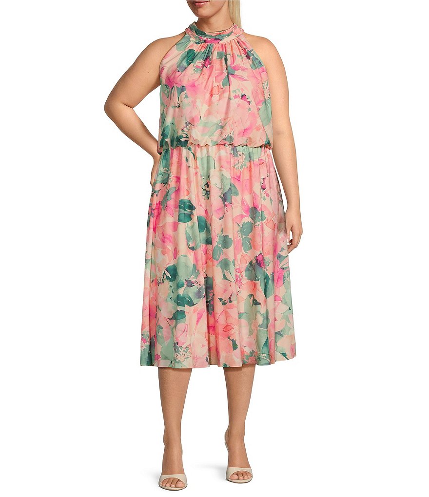 Adrianna Papell Plus Size Sleeveless Halter Neck Floral Printed