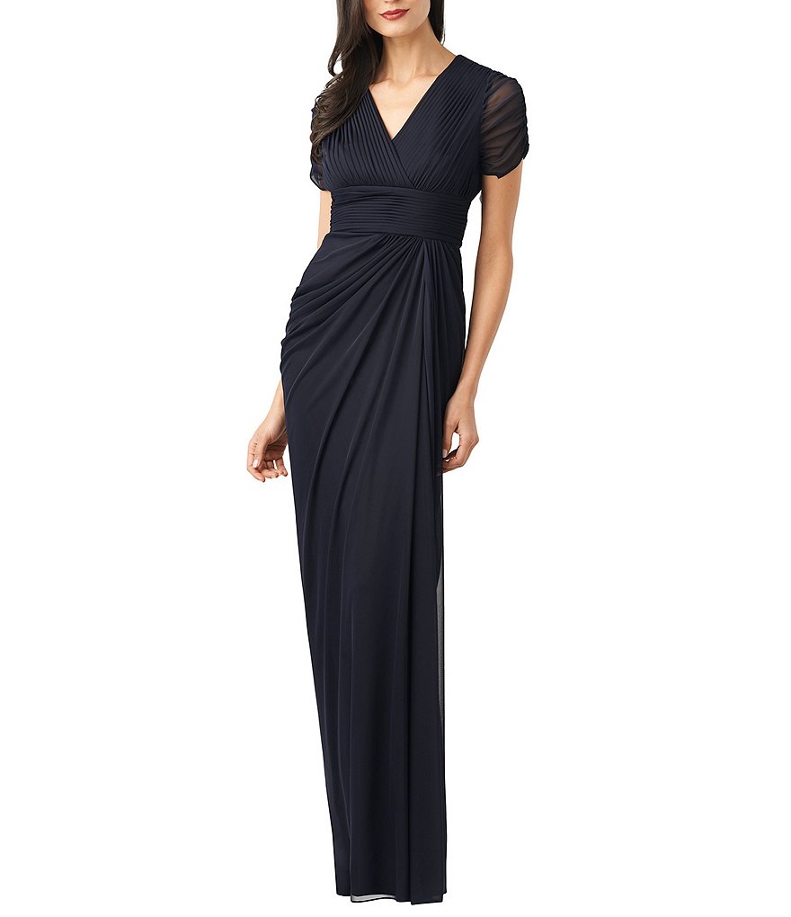 Adrianna Papell Ruched Short-Sleeve Draped Gown | Dillards