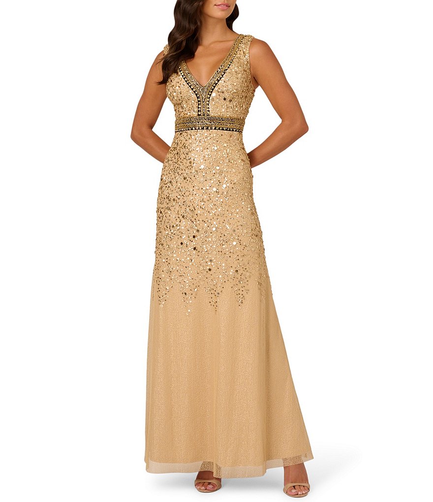Adrianna Papell Sequin Beaded Mesh V-Neck Sleeveless Gown | Dillard's