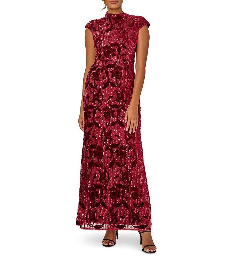 Adrianna Papell Sequin Velvet Mock Neck Cap Sleeve Gown | Dillard's