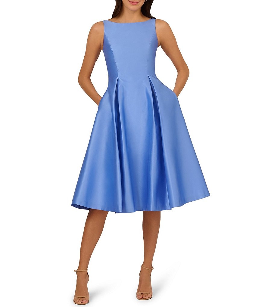 Adrianna Papell Boat Neck Sleeveless A-Line Taffeta Midi Dress