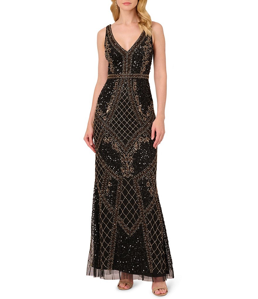 Adrianna Papell Sleeveless V Neck Beaded Mesh Gown Dillard s