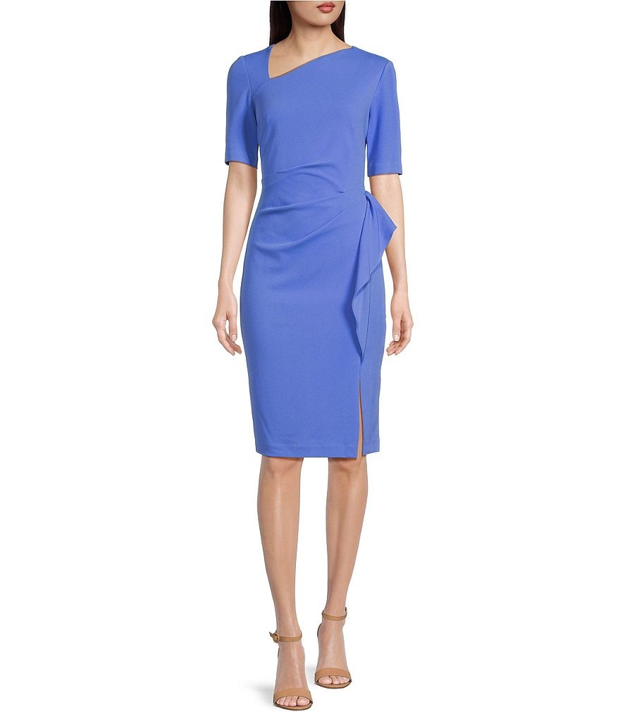 Adrianna Papell Stretch Asymmetrical Neck Short Sleeve Sheath