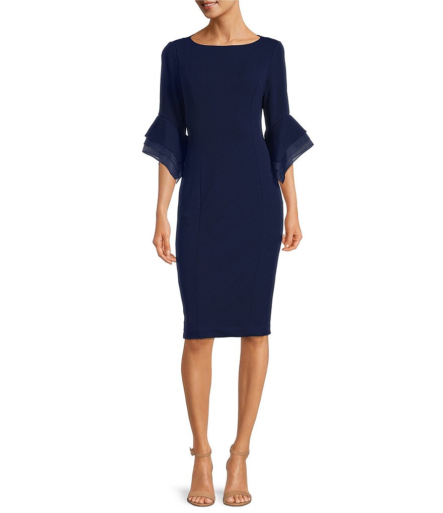 Adrianna Papell Stretch Crepe 3/4 Bell Sleeve Boat Neck Sheath Dress ...