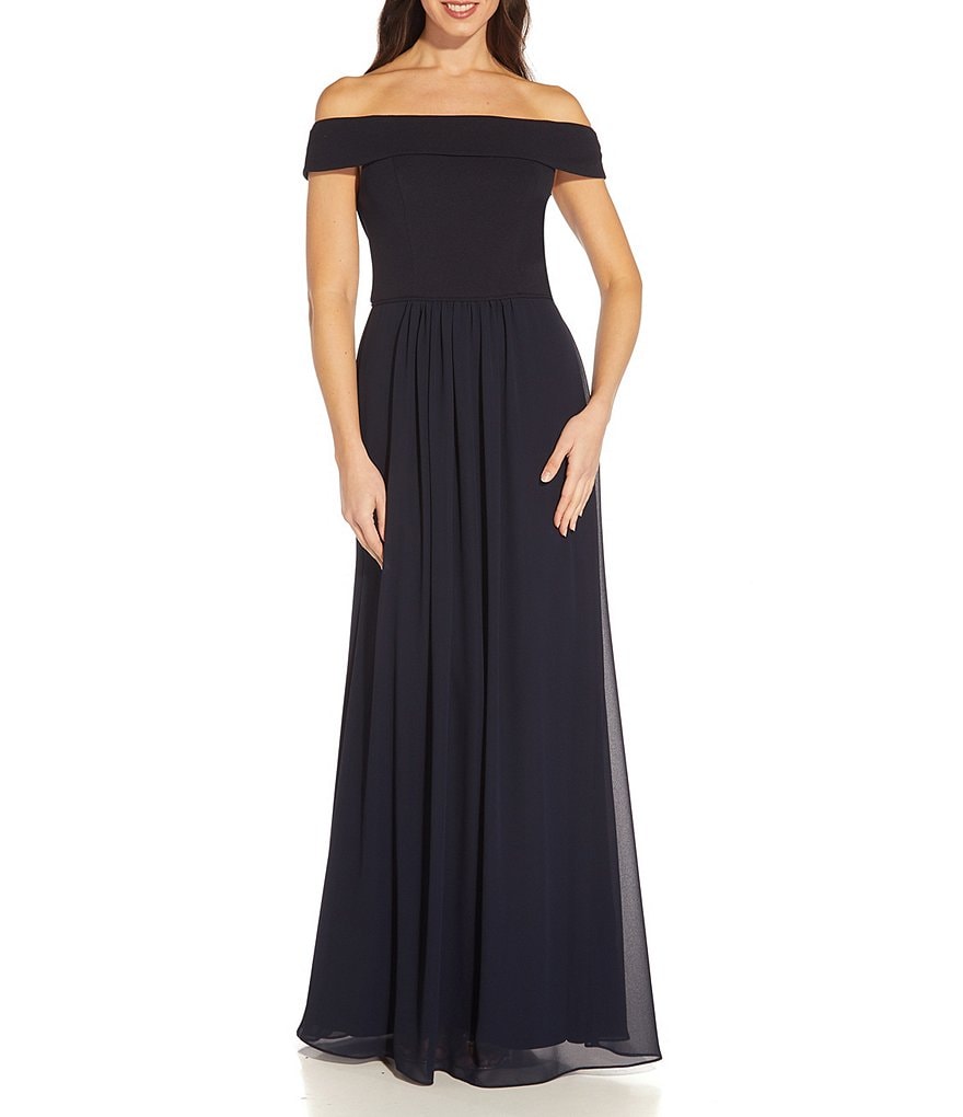 Adrianna Papell Stretch Crepe Bodice Off-the-Shoulder Chiffon A