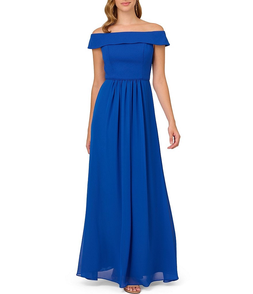 Adrianna Papell Stretch Crepe Bodice Off the Shoulder Chiffon A Line Gown