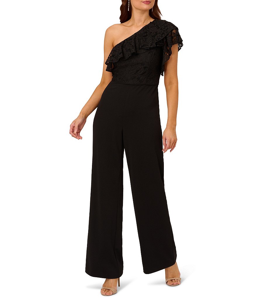 Adrianna Papell Stretch One Shoulder Lace Short Sleeve Jumpsuit