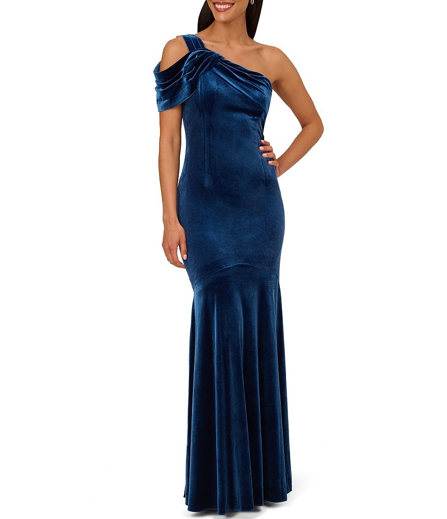 Adrianna Papell Stretch Velvet One Shoulder Mermaid Gown