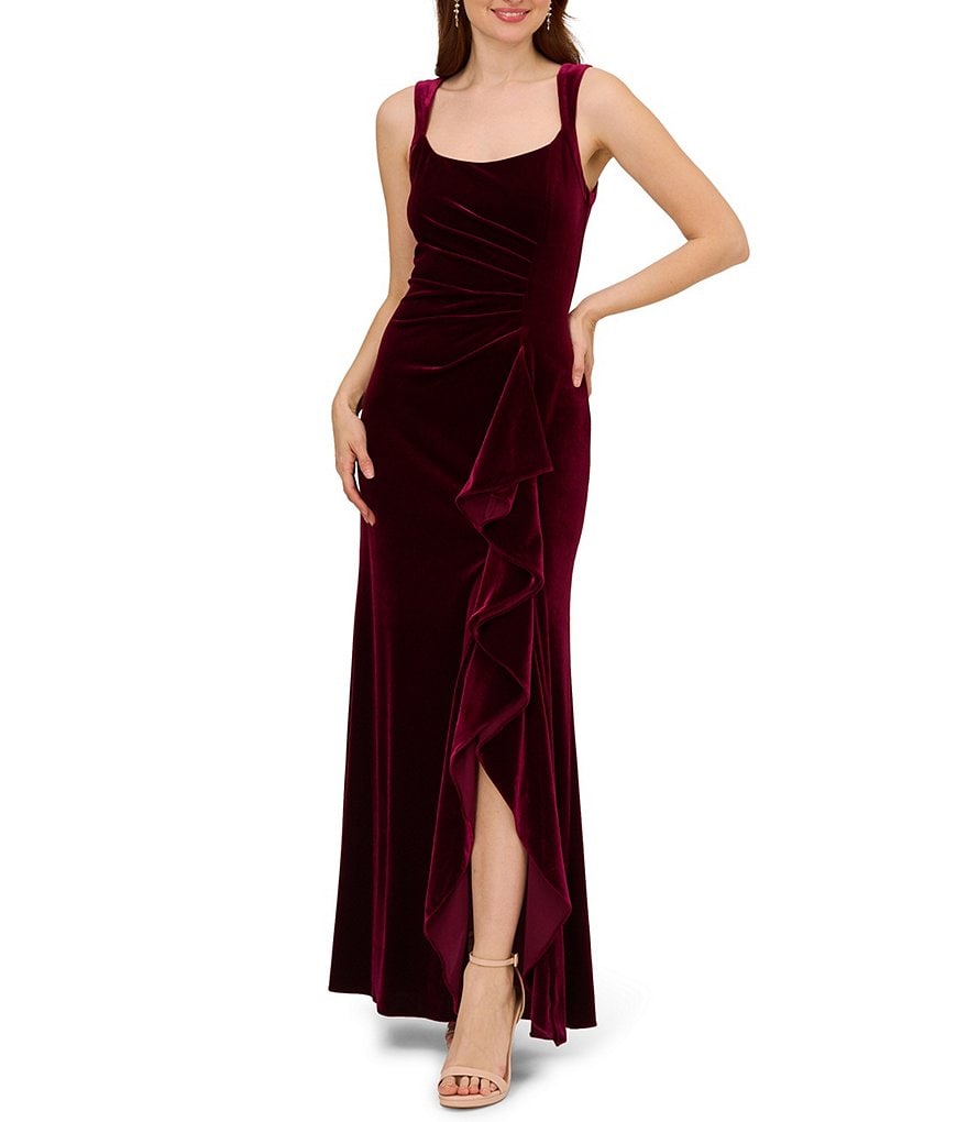 Adrianna Papell Stretch Velvet Scoop Neckline Sleeveless Ruffle