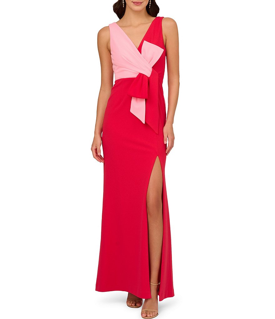 Adrianna Papell Two Tone V-Neck Bow Knot Front Sleeveless Gown