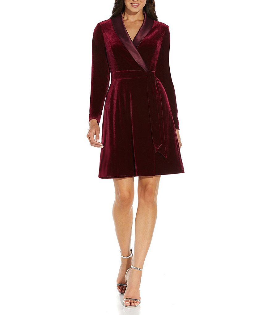 Adrianna Papell Velvet Tuxedo V Neck Long Sleeve Wrap Dress