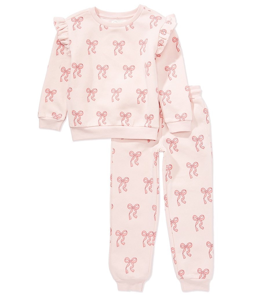 Adventurewear 360 Little Girls Bow Print Crew Neck Long Sleeve Pullover Ruffle Sweatshirt & Jogger Pants Set