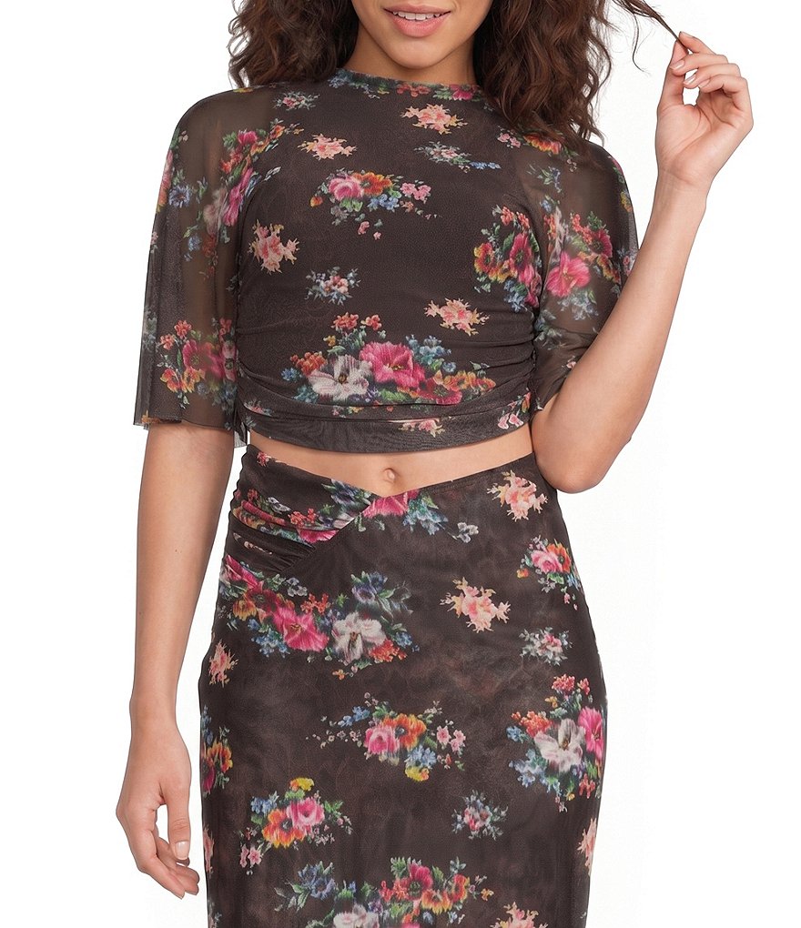 Khylie Snake Floral Printed Mock Neck Short Sleeve Coordinating Mesh Top