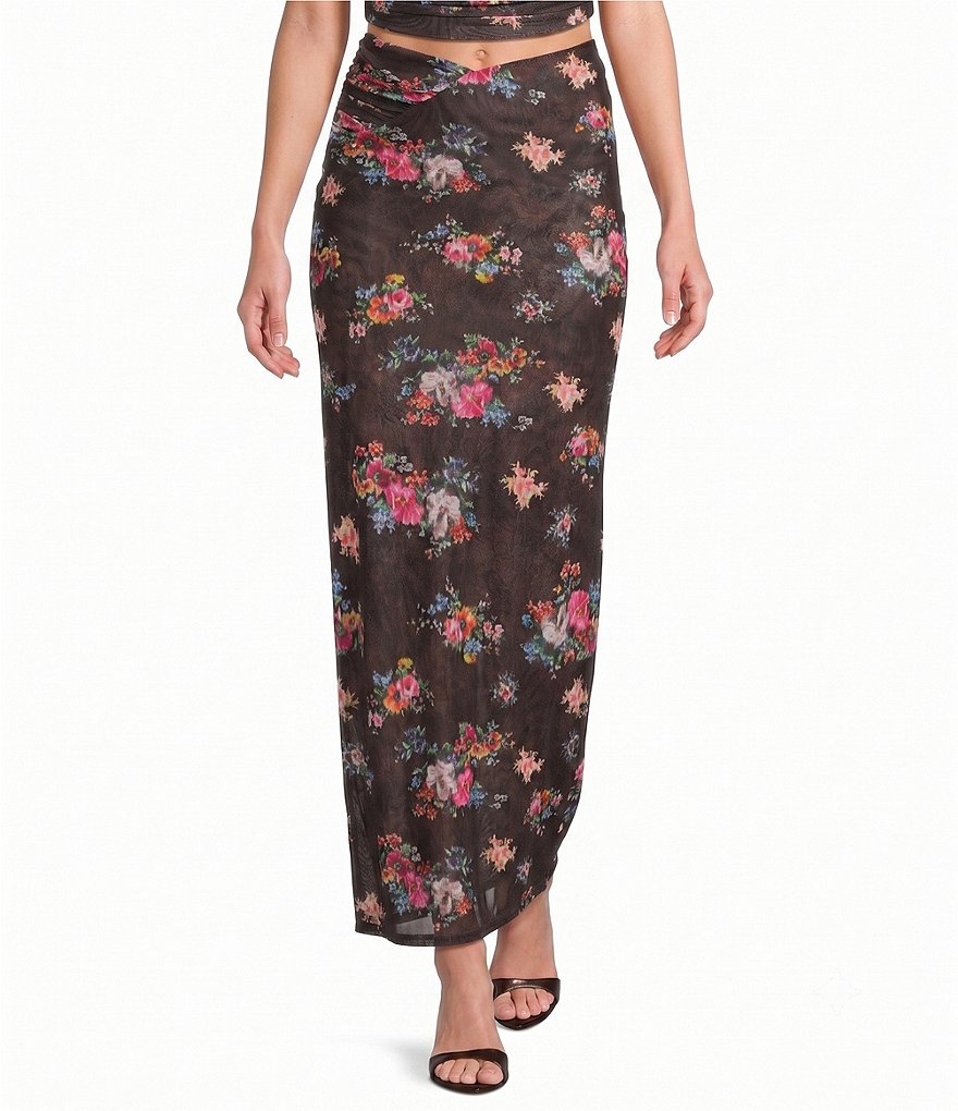 Laconia Snake Floral Printed Mesh Coordinating Maxi Skirt