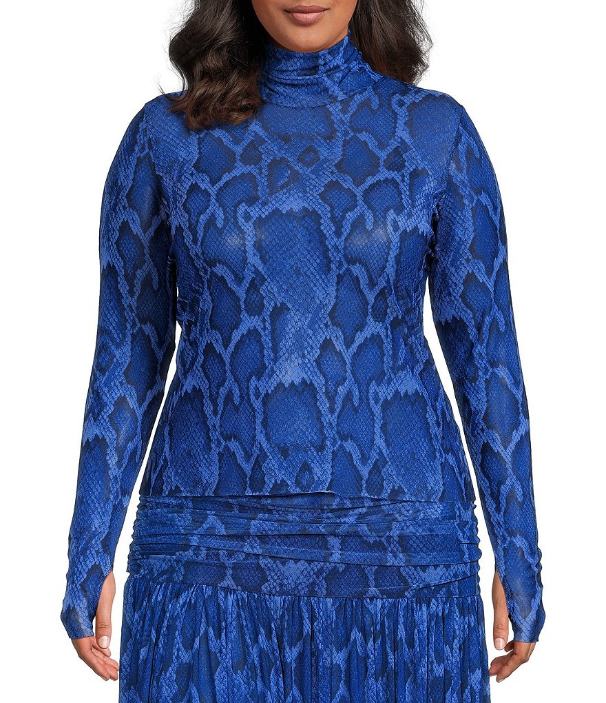 AFRM Plus Size Zadie Snake Printed Mock Neck Long Sleeve Mesh Top