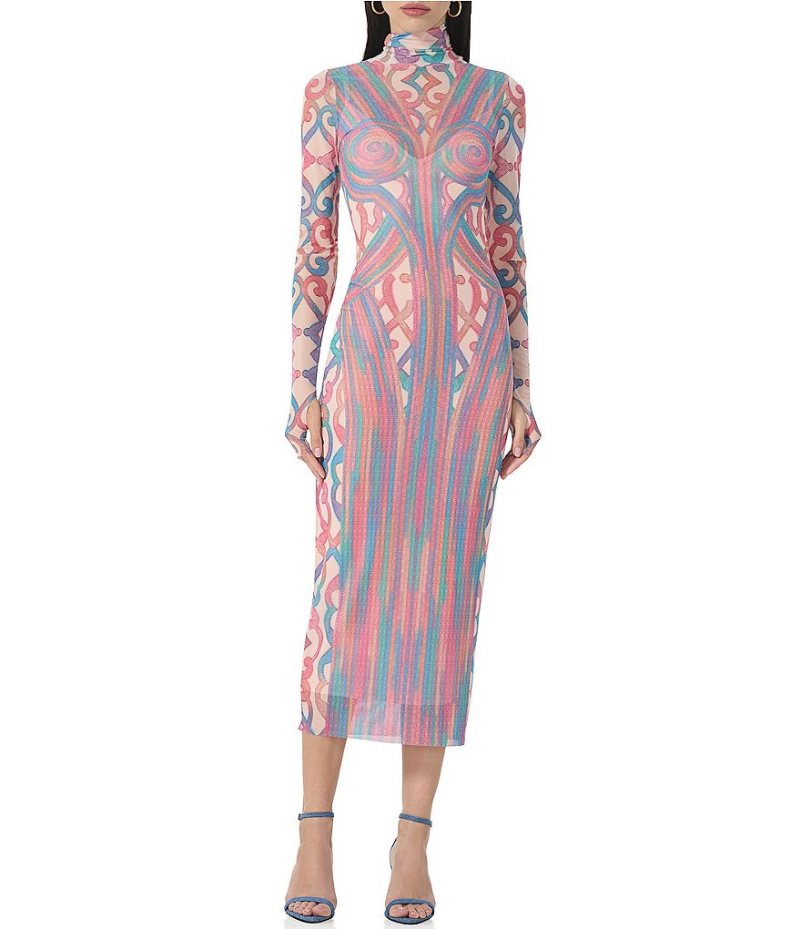 AFRM Shailene Printed Mesh Turtleneck Long Sleeve Midi Dress | Dillard's