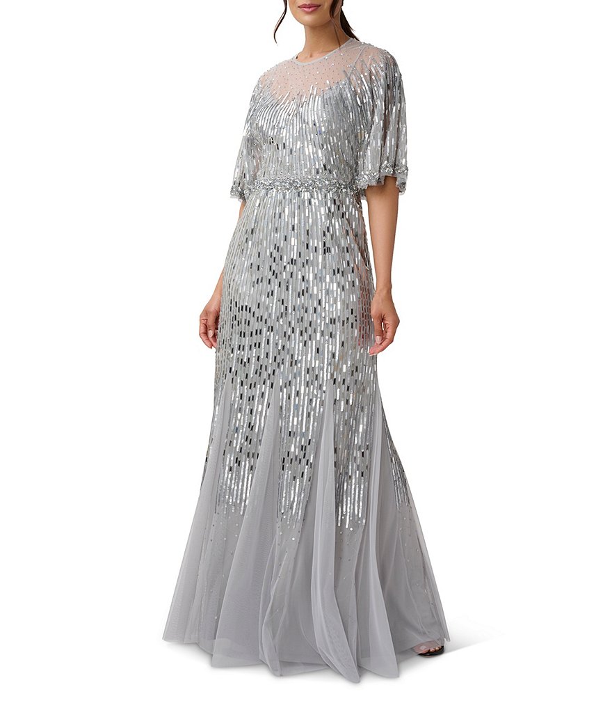 Aidan Mattox Beaded Crew Neck Short Sleeve Cape Back Gown