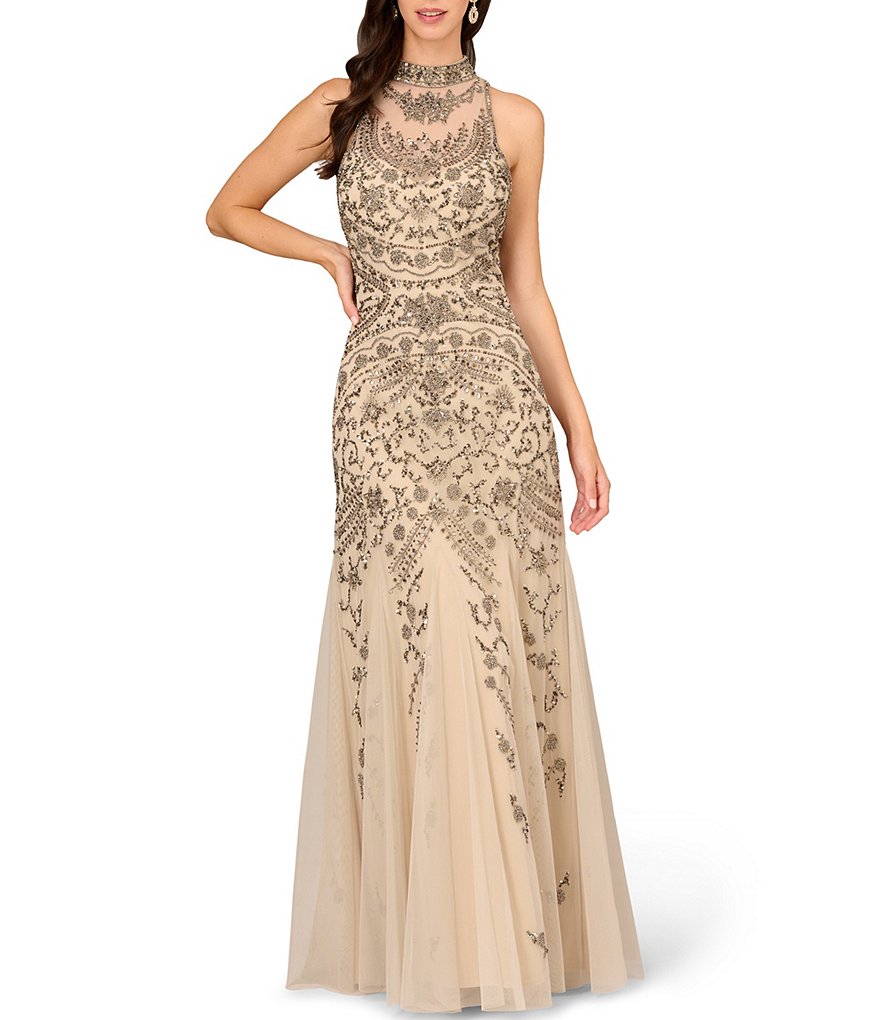 Aidan Mattox Women's shops Dress 8 Sheer Lace Beaded Cream Beige Sleeveless Gown Gala