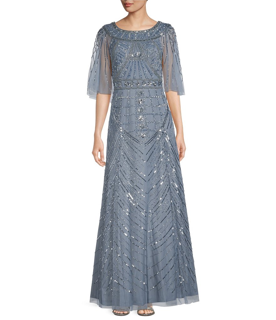 Aidan Mattox Beaded Short Flutter Sleeve Cape Back A-Line Gown | Dillard's