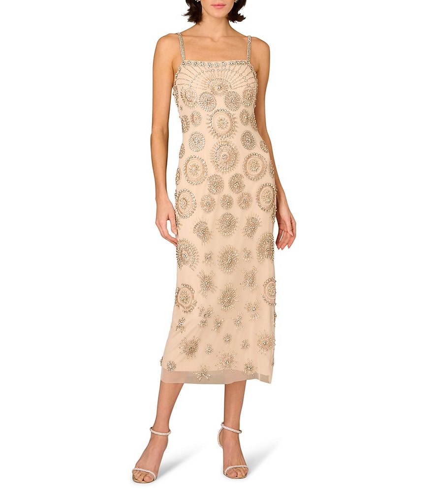 Aidan Mattox Beaded Sleeveless Midi Sheath Dress, Womens, 16, Champagne