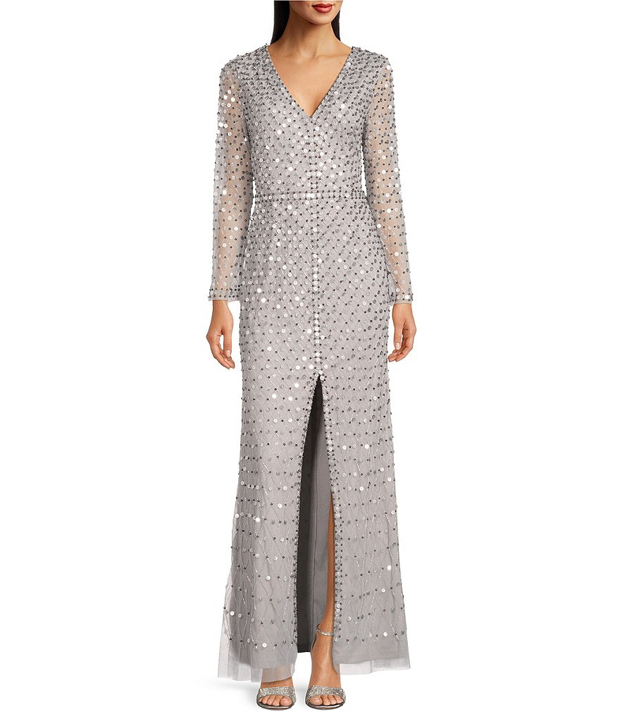 Aidan Mattox Sequined V Neck Long Illusion Sleeve Front Slit Gown