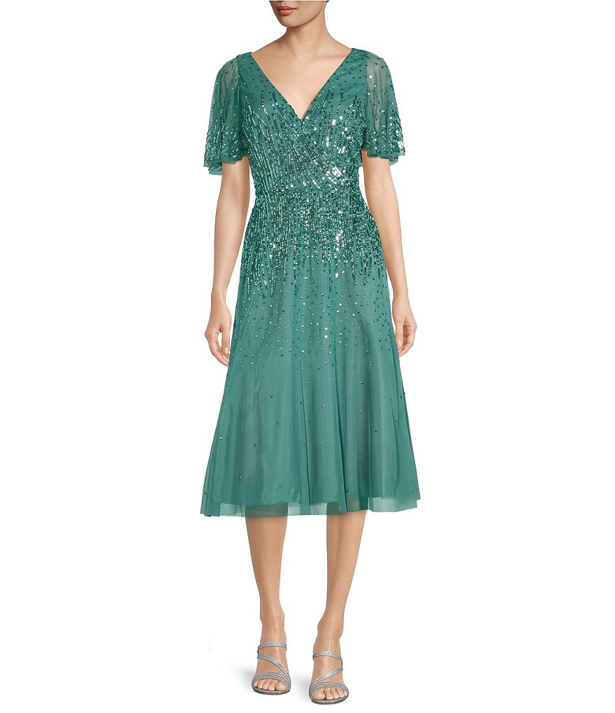 Aidan Mattox Beaded V Neck Short Sleeve A Line Midi Dress