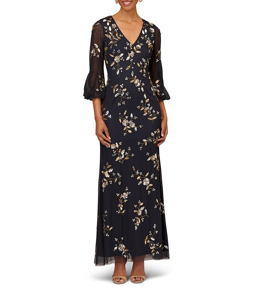 Aidan Mattox Beaded V-Neck 3/4 Sleeve Gown | Dillard's