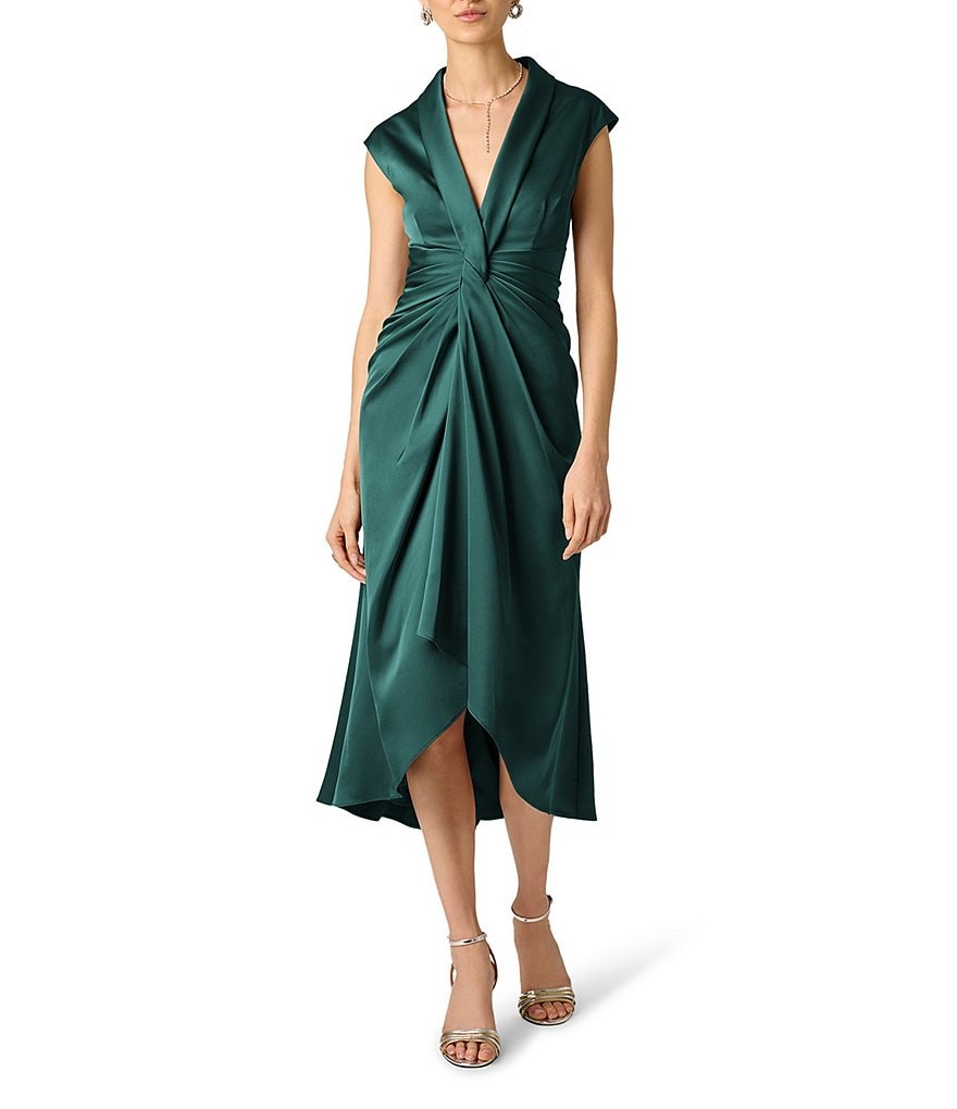 Cap Sleeve V-Neck Satin Midi Dress