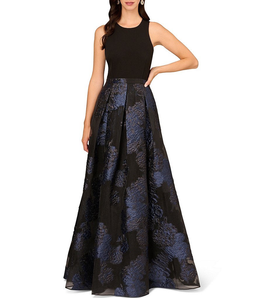 Aidan Mattox Floral Jacquard Crew Neck Sleeveless Tie Back Ball Gown ...