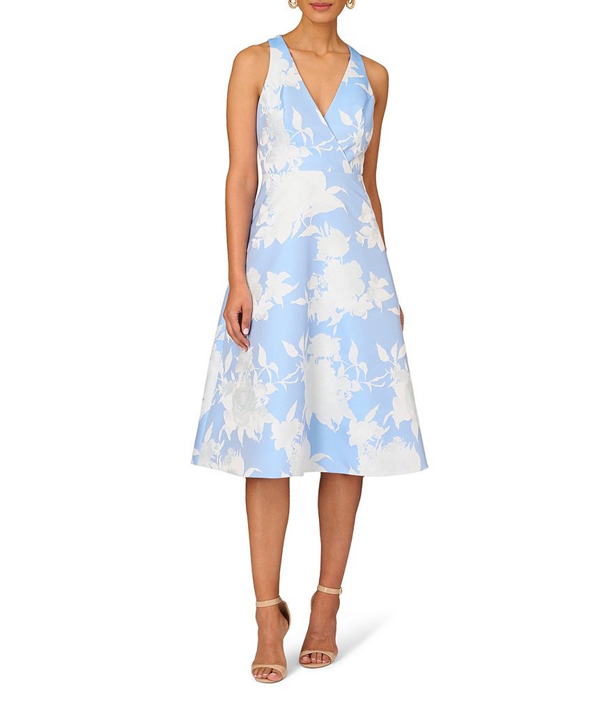 Aidan Mattox Floral Print Surplice V Neck Sleeveless A Line Midi