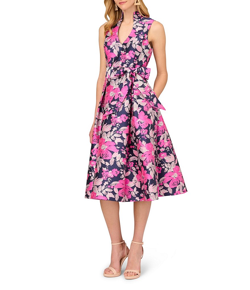 Aidan Mattox Jacquard Collared V-Neck Sleeveless Dress | Dillard's